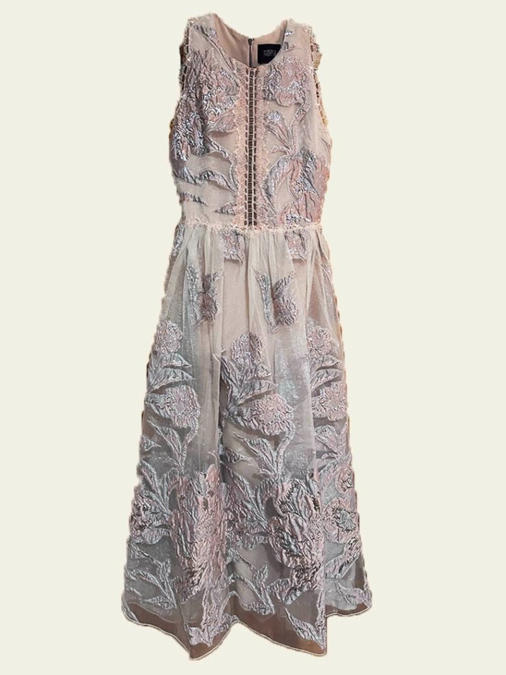 Marchesa Notte Organza Lame Jacquard Blush Dress with Lace Inserts